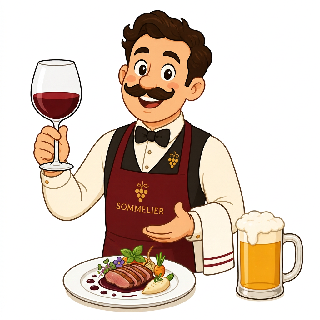 Cartoon sommelier holding a glass of wine next to a plate of pasta and a beer