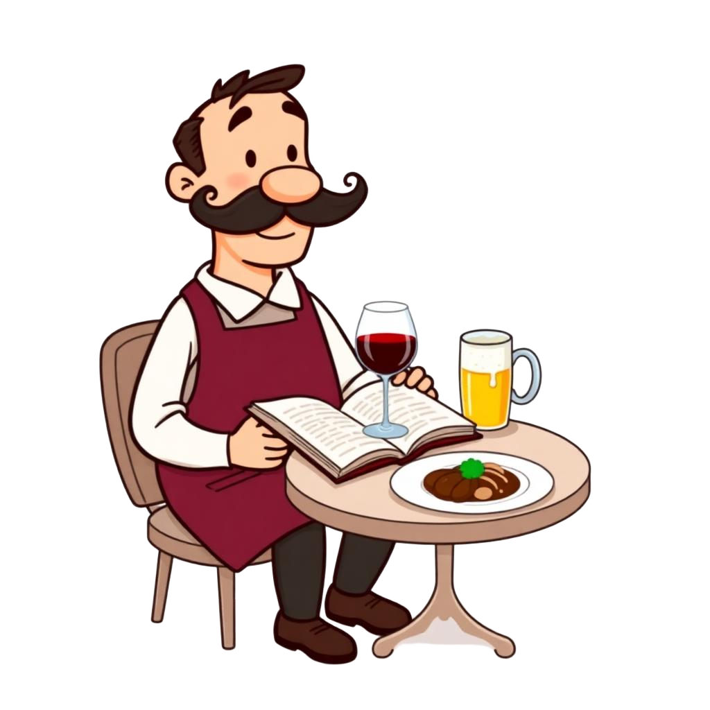 Cartoon sommelier reading a book about food and drink pairing